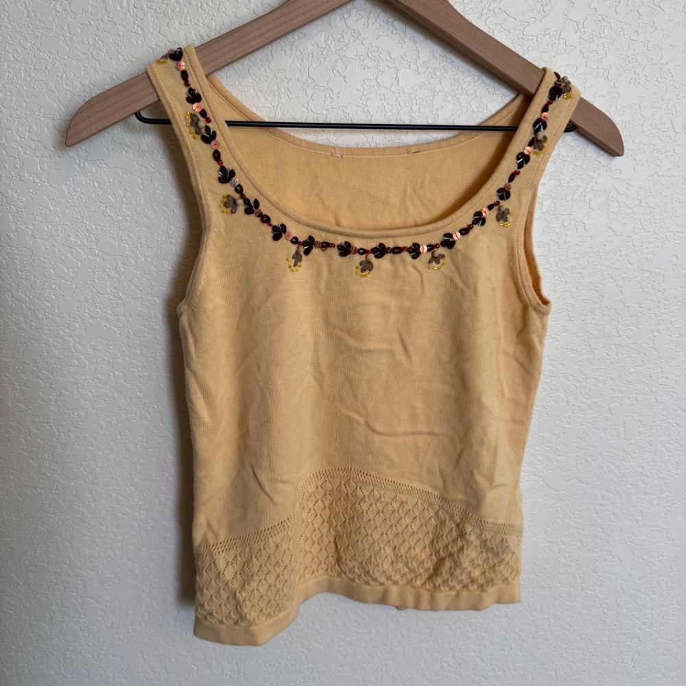 Vintage Boho Beaded Knit Tank Top Small Yellow